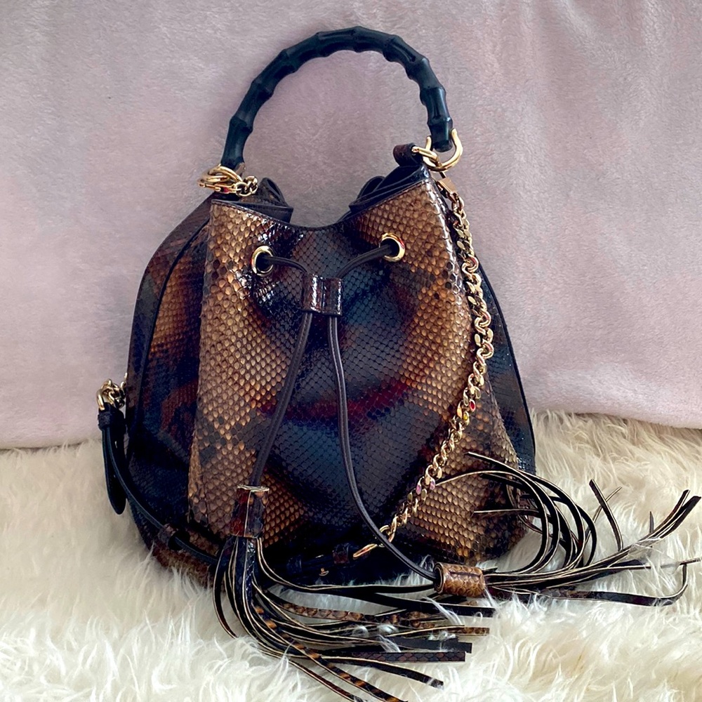 Gucci bamboo handle python bucket bag
